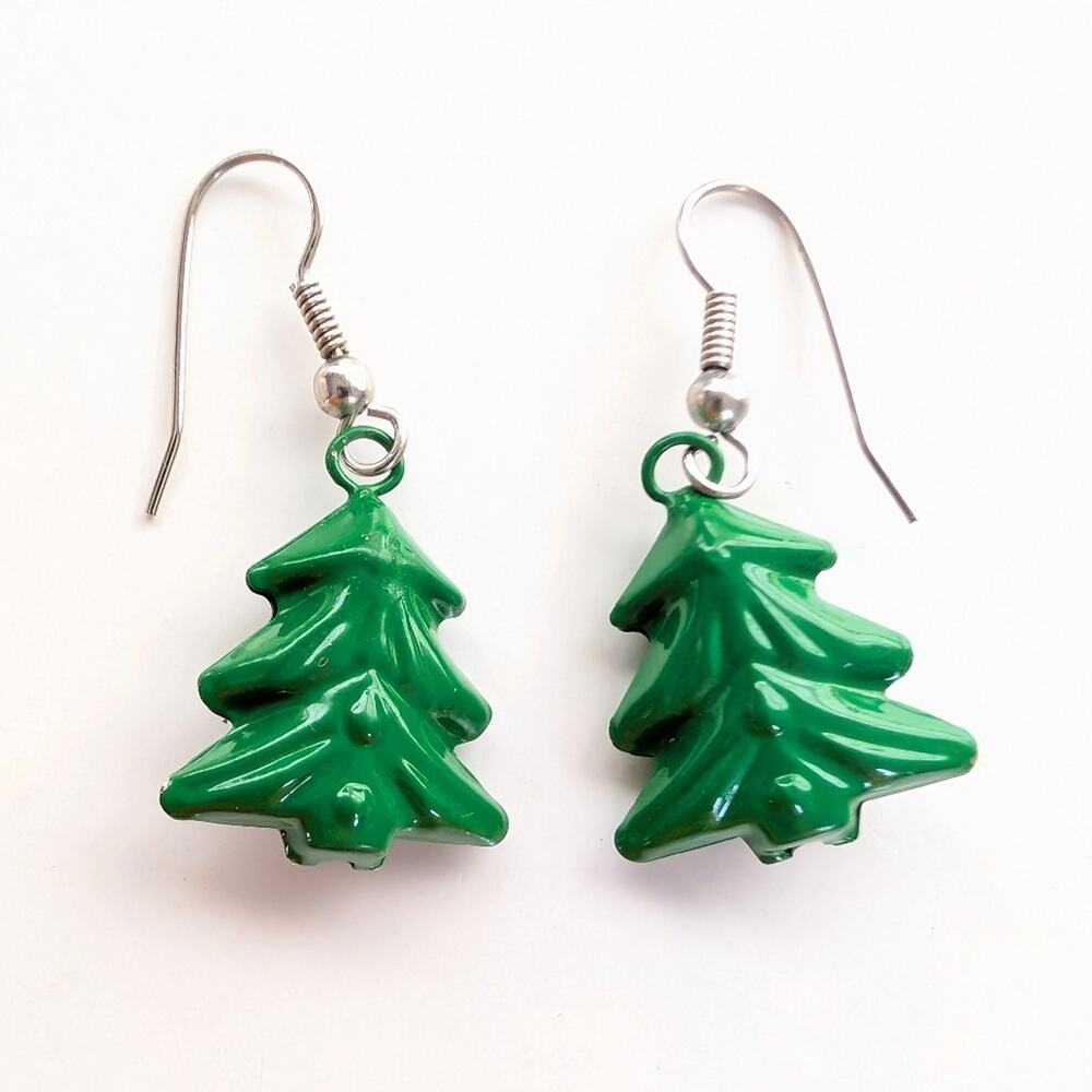 Vintage Estate Green Metal Hollow Christmas Tree Jingle Bells Hook Earrings